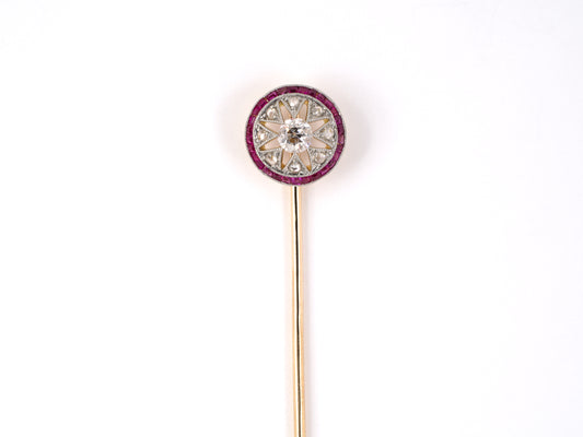 31343 - Edwardian Platinum Gold Diamond Ruby Open Starburst Design Stick Pin