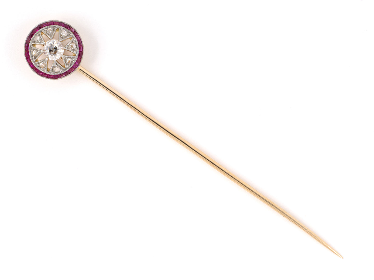 31343 - Edwardian Platinum Gold Diamond Ruby Open Starburst Design Stick Pin