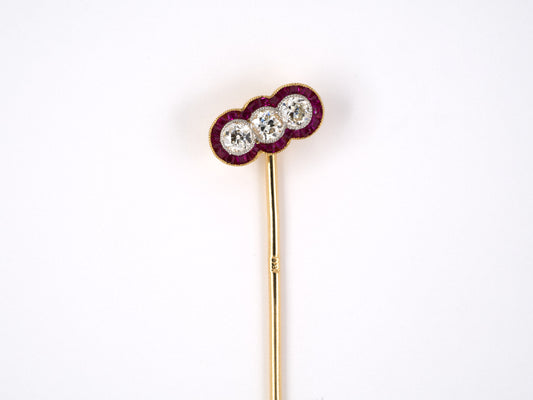 31344 - Edwardian Platinum Gold Diamond Ruby 3-Stone Stick Pin