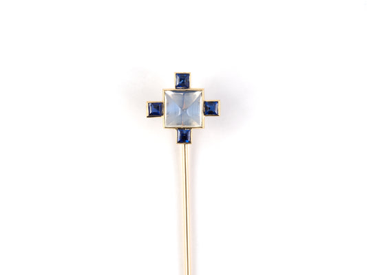 31364 - SOLD - Art Deco Gold Ornament Moonstone Sapphire Cluster Stick Pin