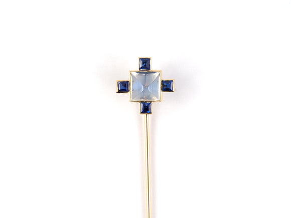 31364 - Art Deco Gold Ornament Moonstone Sapphire Cluster Stick Pin