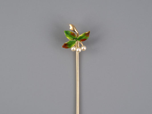 31365 - SOLD - Victorian Gold Pearl Red Green Enamel Leaf Floral Stick Pin