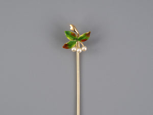 31365 - Victorian Gold Pearl Red Green Enamel Leaf Floral Stick Pin