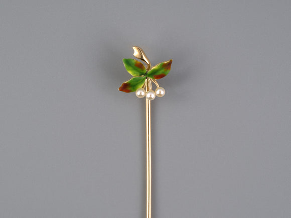 31365 - Victorian Gold Pearl Red Green Enamel Leaf Floral Stick Pin