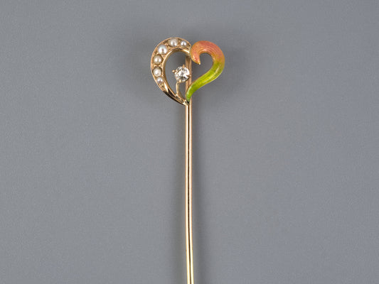 31366 - SOLD - Victorian Gold Diamond Enamel Half Pearl Bleeding Heart Stick Pin