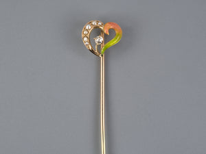 31366 - Victorian Gold Diamond Enamel Half Pearl Bleeding Heart Stick Pin