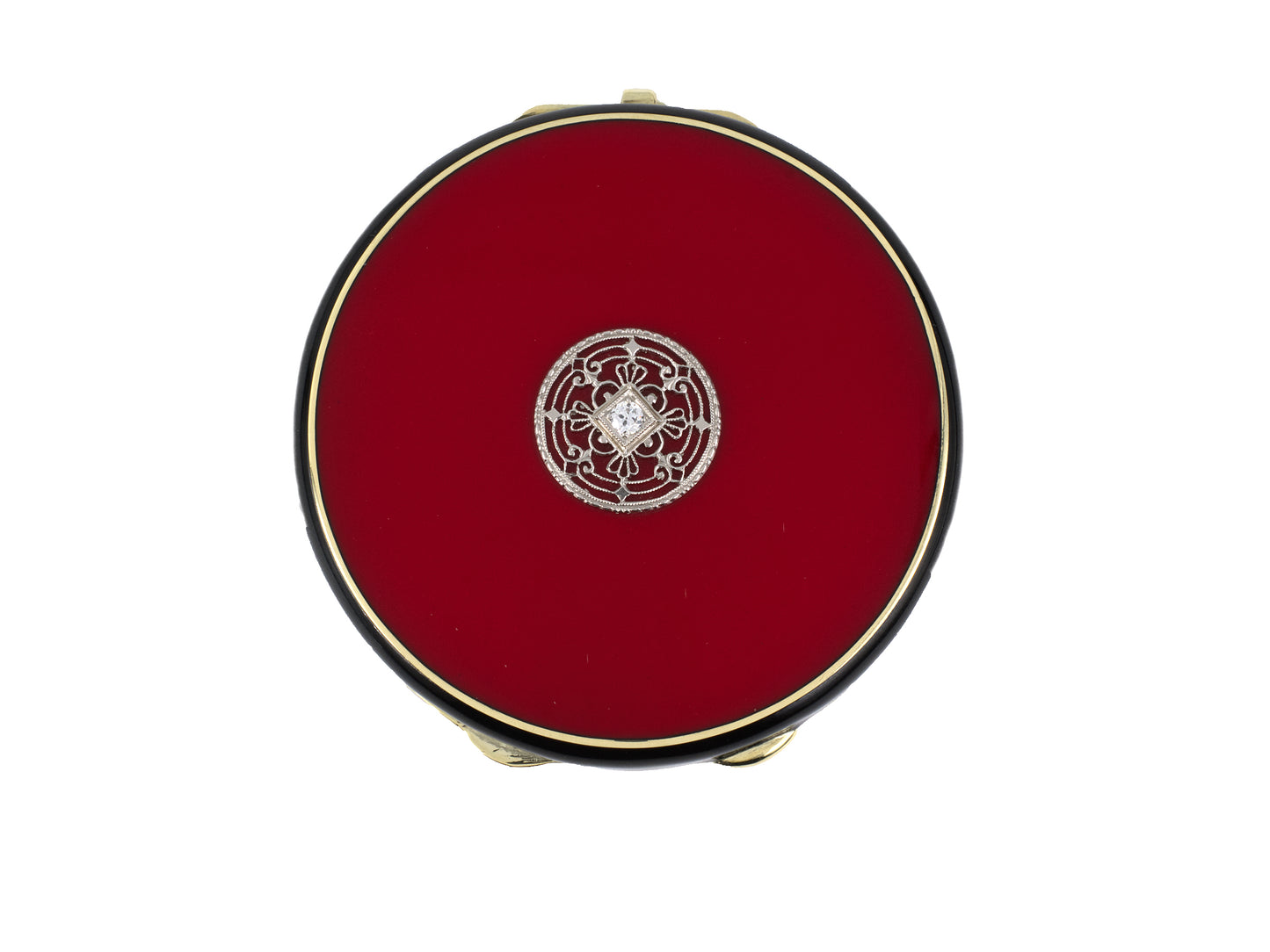 31381 - Art Deco Platinum Gold Diamond Red & Black Enamel Mirrored Round Compact