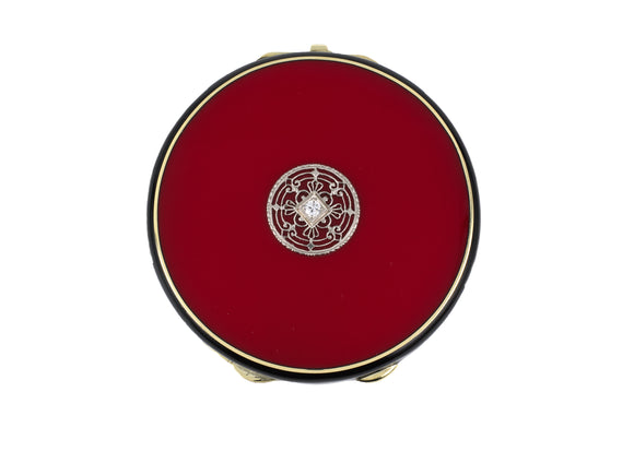 31381 - Art Deco Platinum Gold Diamond Red & Black Enamel Mirrored Round Compact