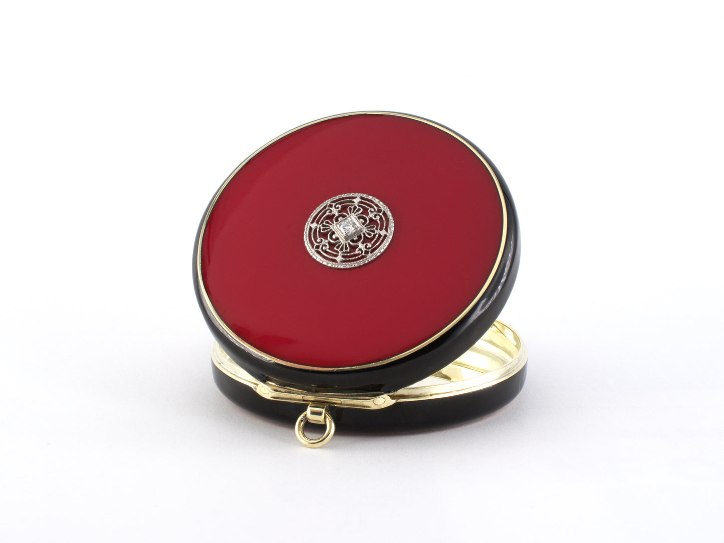 31381 - Art Deco Platinum Gold Diamond Red & Black Enamel Mirrored Round Compact