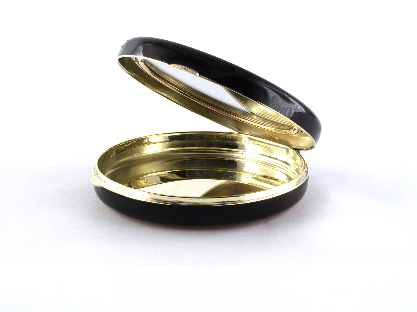 31381 - Art Deco Platinum Gold Diamond Red & Black Enamel Mirrored Round Compact