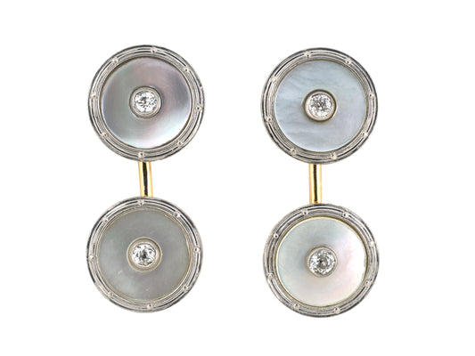 31382 - Art Deco Platinum Gold Diamond Mother Of Pearl Machine Turned Cuff Links