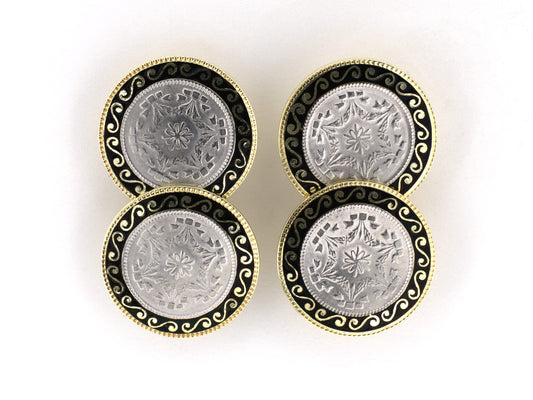 31384 - Art Deco Wordley, Allsopp & Bliss Co. Platinum Gold Black Enamel Stippled & Etched Round Cuff Links