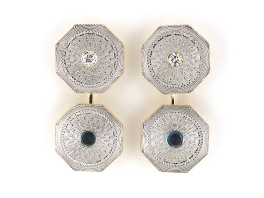 31385 - Art Deco Platinum Gold Cabochon Sapphire Diamond Octagonal Cuff Links