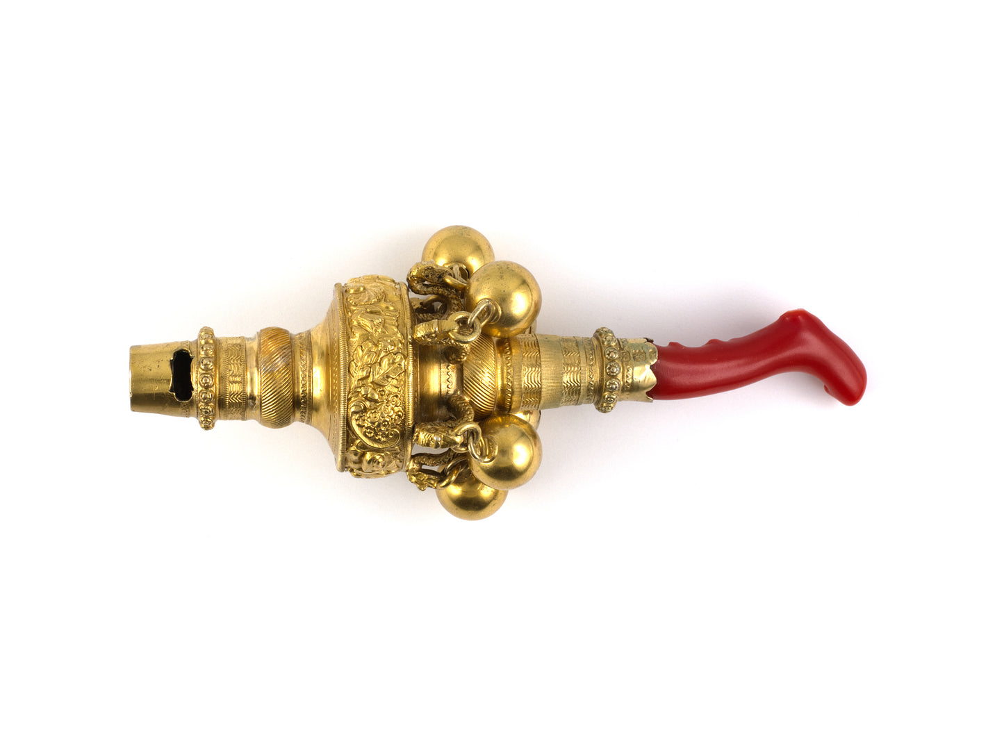 31387 - Georgian Charles Rawlings Sliver Gilt Coral Whistle Baby Rattle