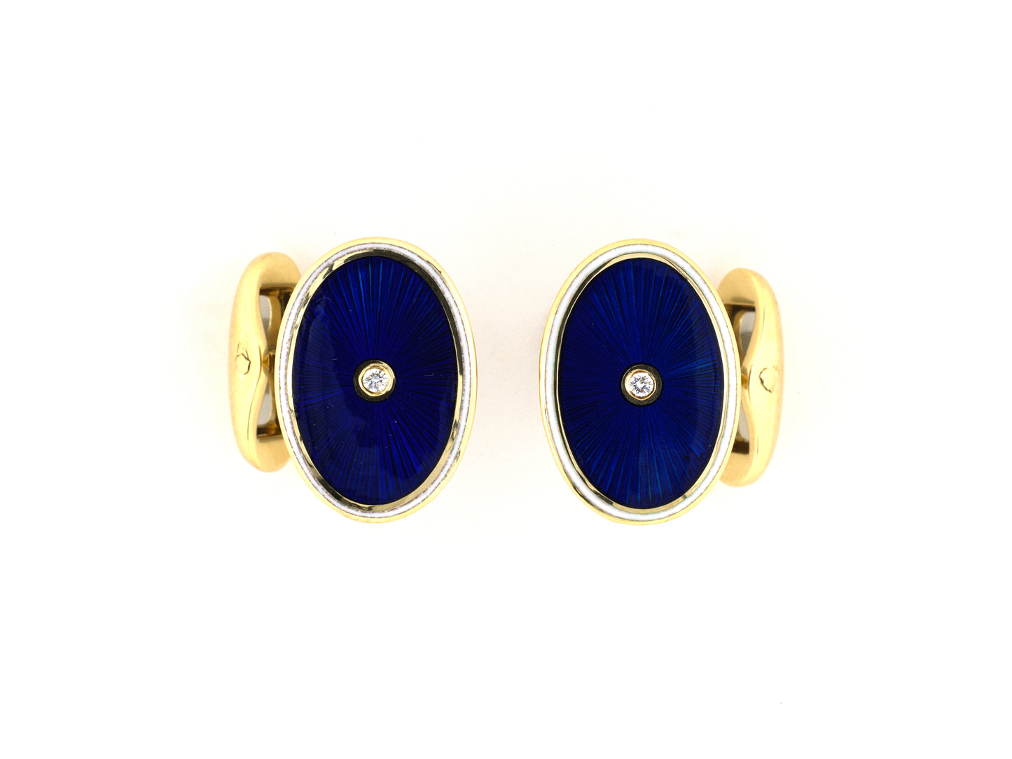 31389 - Faberge Gold Diamond Blue White Enamel Oval Cuff Links