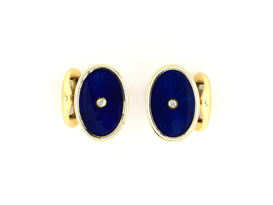 31389 - Faberge Gold Diamond Blue White Enamel Oval Cuff Links