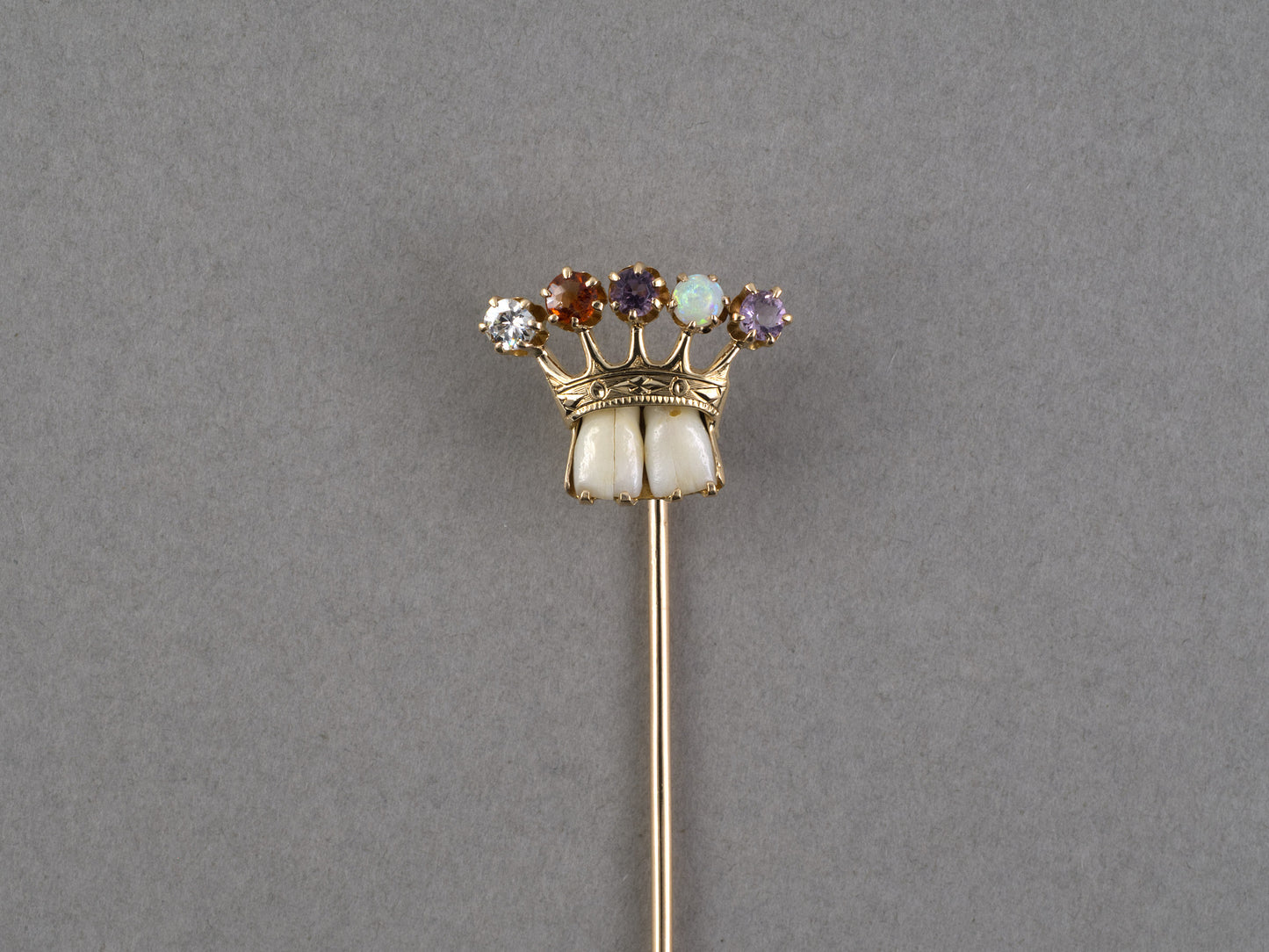 31399 - Victorian Gold Diamond Citrine Amethyst Opal Bone Crown Stick Pin