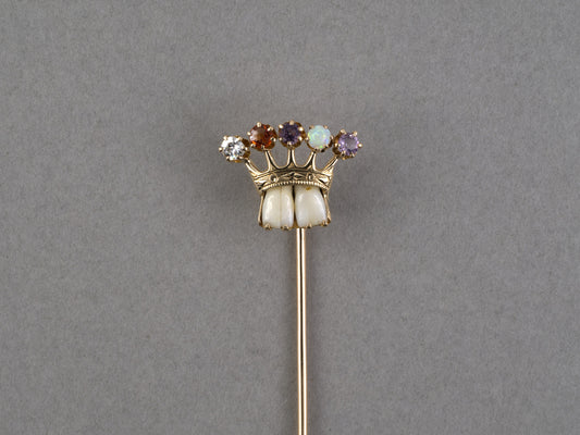 31399 - Victorian Gold Diamond Citrine Amethyst Opal Bone Crown Stick Pin