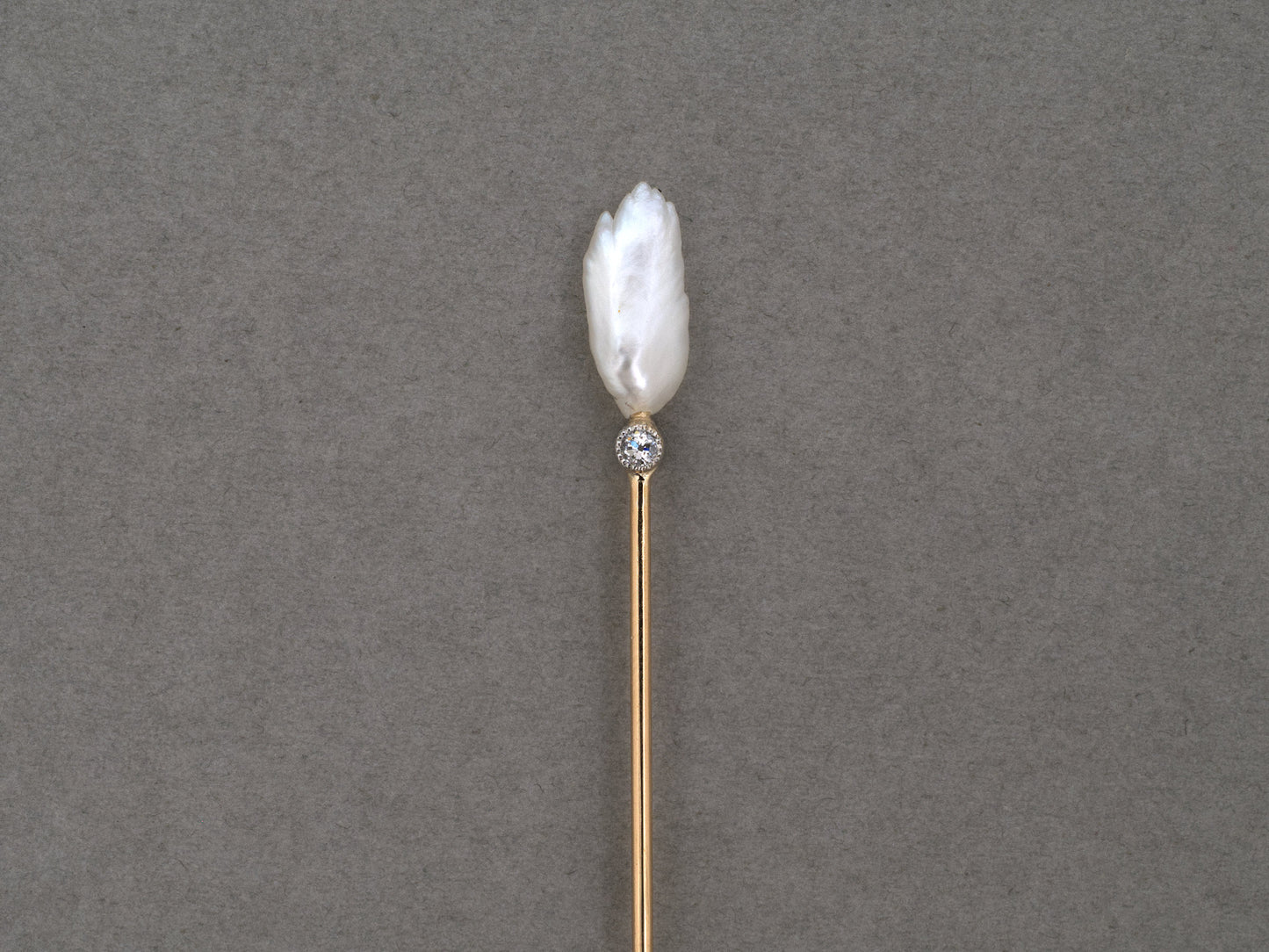 31404 - Edwardian Gold Platinum Baroque Pearl Diamond Stick Pin