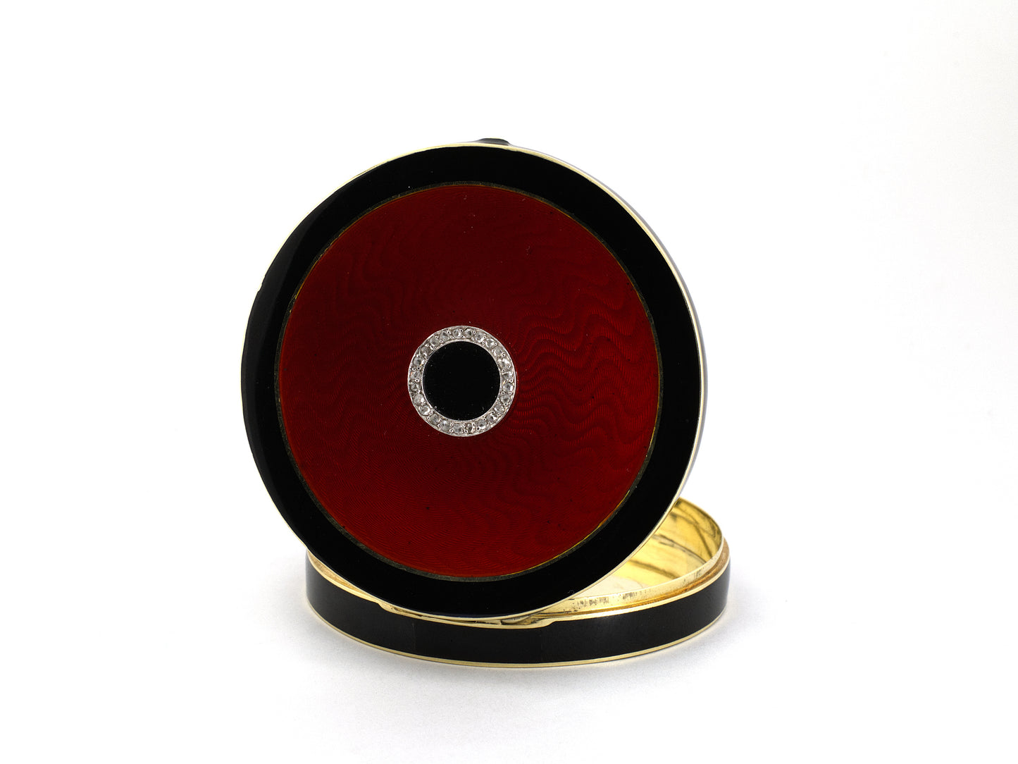 33872 - Art Deco Gold Platinum Diamond Enamel Round Mirror Compact