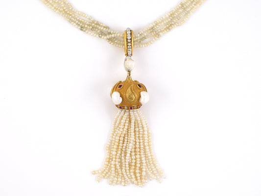 40451 - Art Nouveau Gold Pearl Ruby Diamond Seed Pearl Tassels Pendant
