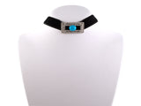 42449 - Art Deco Platinum Gold Diamond Turquoise Velvet Choker Necklace