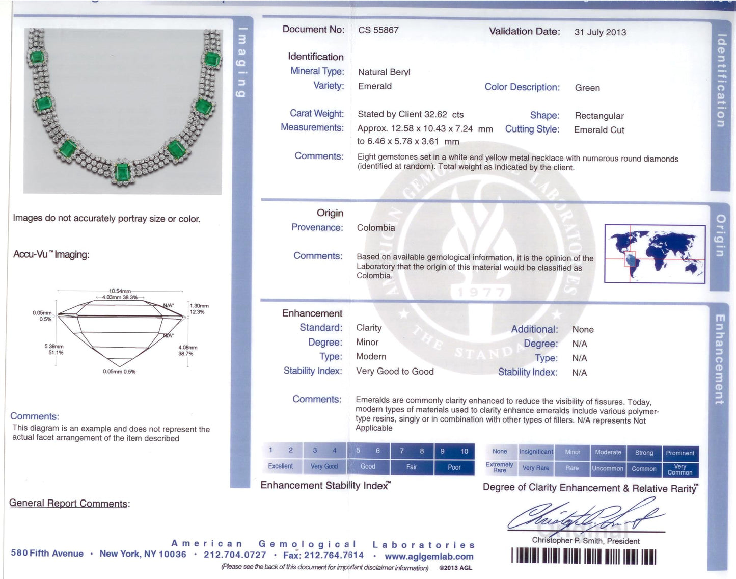 42454 - SOLD - Circa 1960s Platinum Gold AGL Colombian Emerald Diamond Necklace