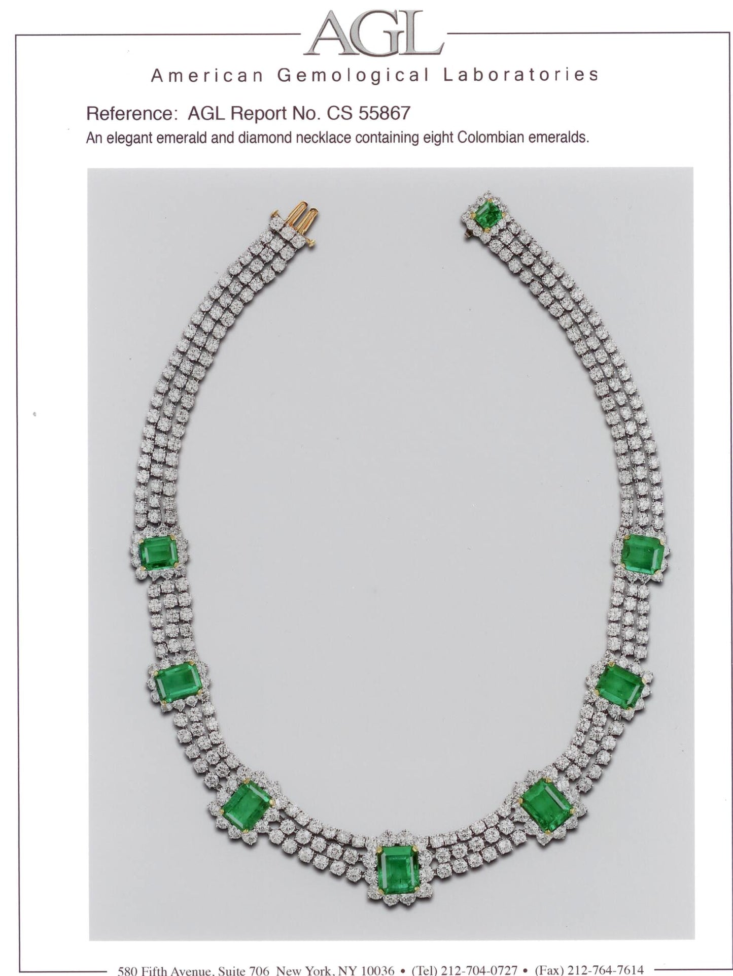 42454 - SOLD - Circa 1960s Platinum Gold AGL Colombian Emerald Diamond Necklace