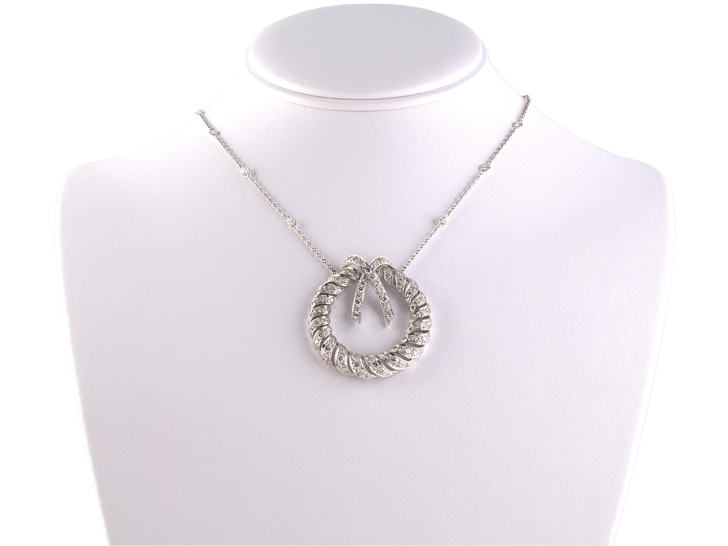 42520 - SOLD - Circa 1950 Platinum Diamond Bow Wreath Pendant