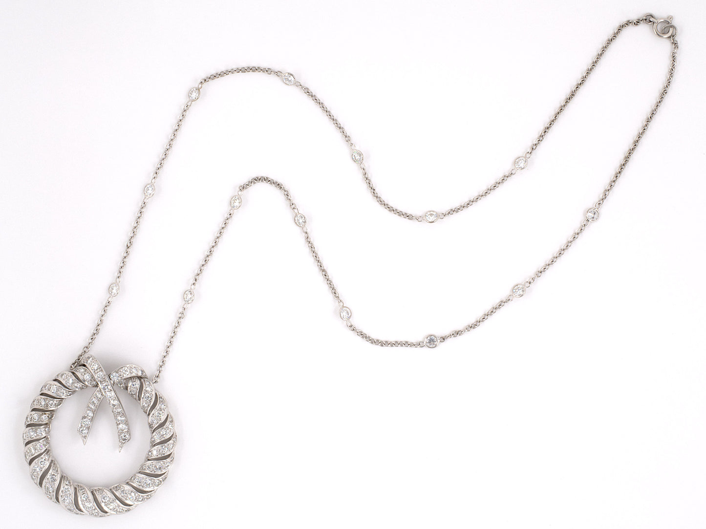 42520 - SOLD - Circa 1950 Platinum Diamond Bow Wreath Pendant