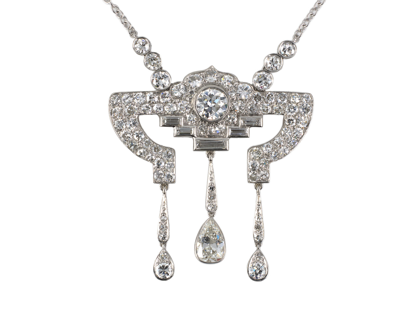 42538 - Art Deco Platinum Diamond Geometric Drop Dangle Pendant Necklace