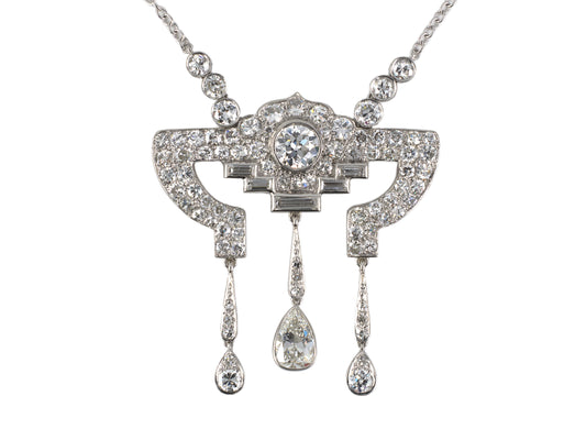 42538 - Art Deco Platinum Diamond Geometric Drop Dangle Pendant Necklace