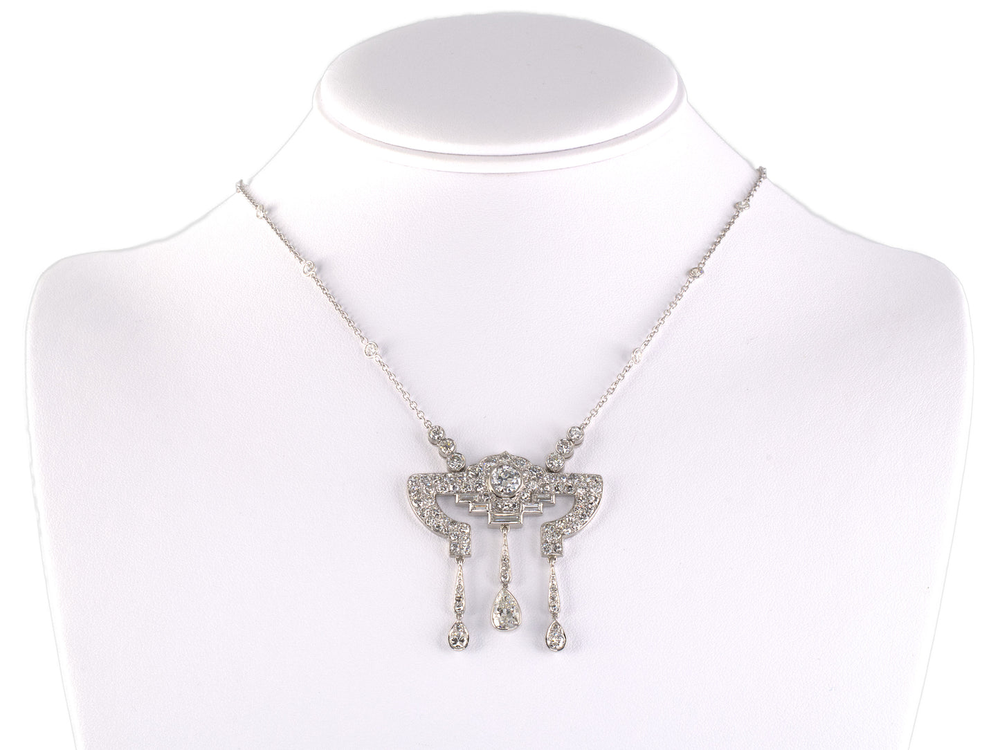 42538 - Art Deco Platinum Diamond Geometric Drop Dangle Pendant Necklace