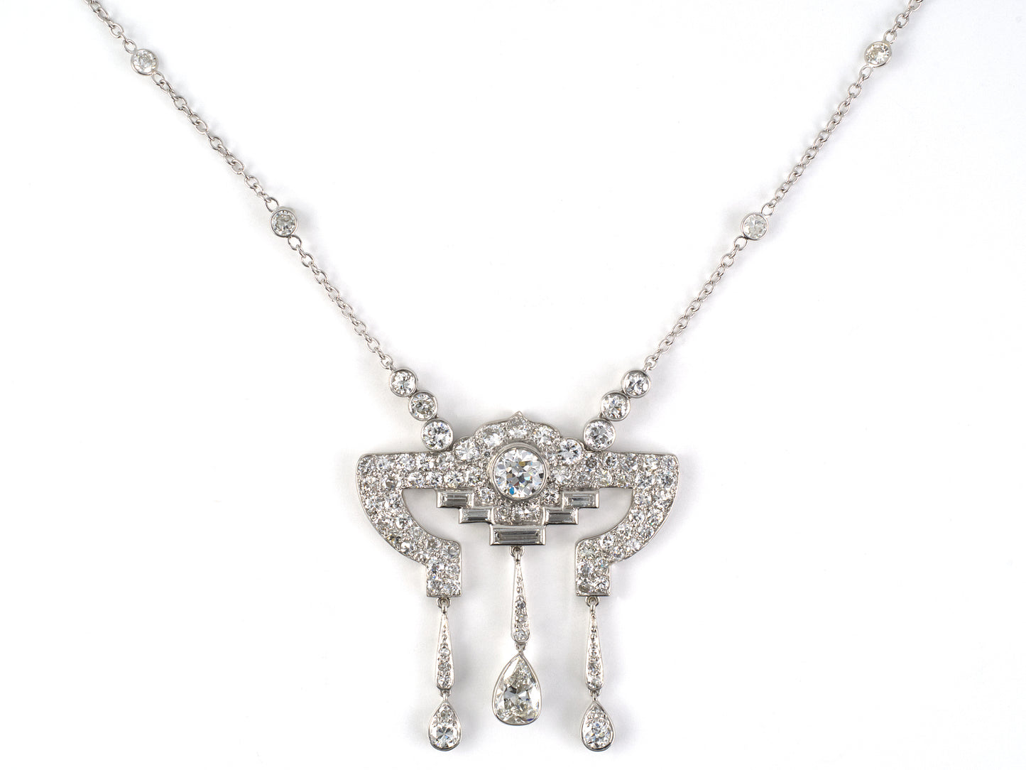 42538 - Art Deco Platinum Diamond Geometric Drop Dangle Pendant Necklace