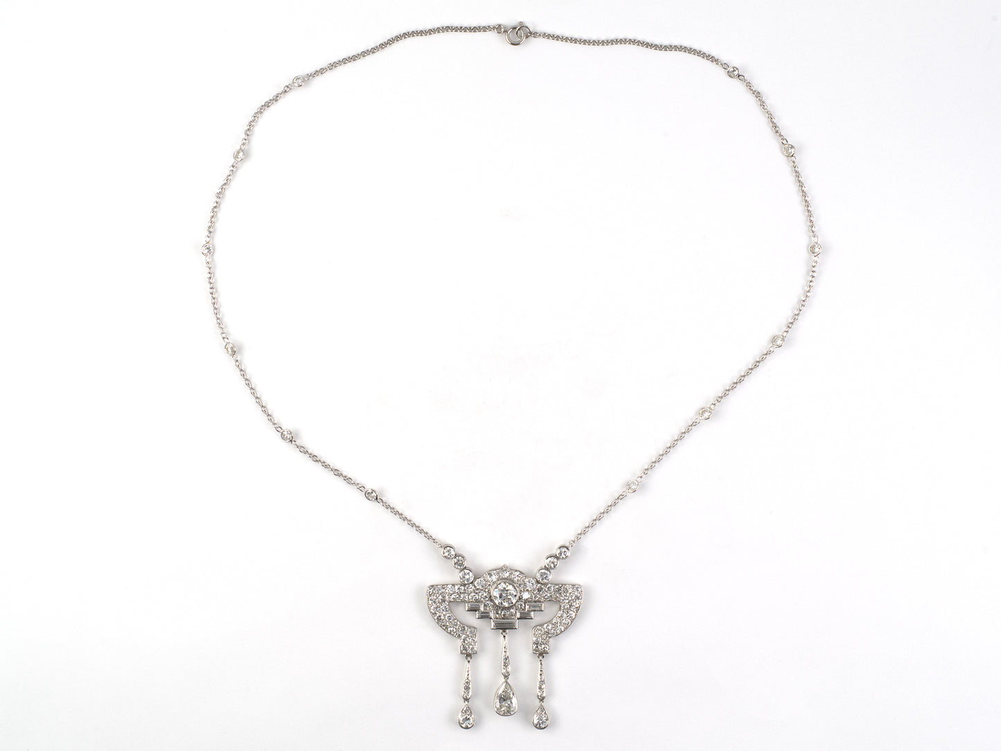 42538 - Art Deco Platinum Diamond Geometric Drop Dangle Pendant Necklace
