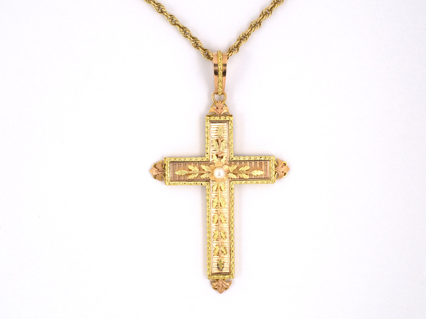 42891 - SOLD - Victorian Gold Pearl Flower Leaf Cross Pendant Necklace
