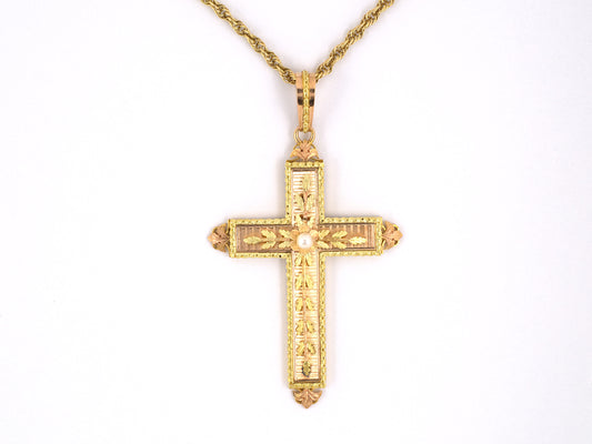 42891 - SOLD - Victorian Gold Pearl Flower Leaf Cross Pendant Necklace