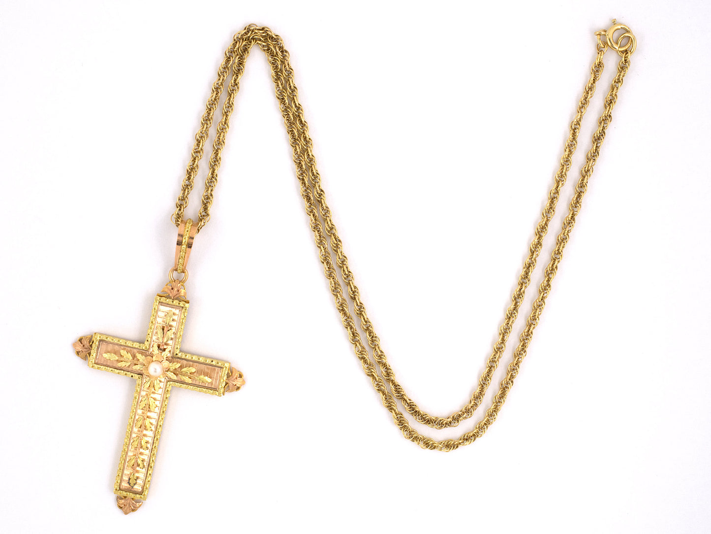 42891 - SOLD - Victorian Gold Pearl Flower Leaf Cross Pendant Necklace