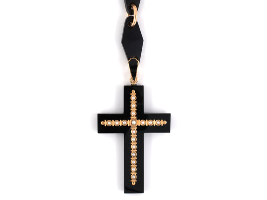 43084 - Victorian Gold Pearl Onyx Cross Pendant Necklace