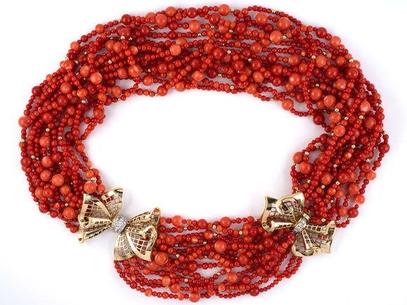 43163 - SOLD - Circa 1950s Gold Platinum Coral Bead Diamond Bow Necklace