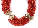 43163 - SOLD - Circa 1950s Gold Platinum Coral Bead Diamond Bow Necklace