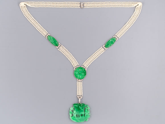 43168 - SOLD - Crica 1915 Edwardian Platinum Pearl GIA Jadeite Sautoir Necklace