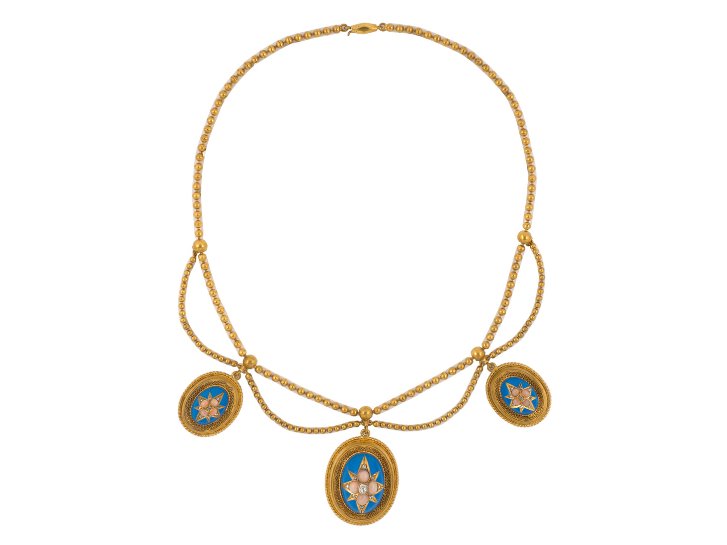 43232 - Victorian Etruscan Revival Gold Diamond Coral Enamel Festoon Necklace