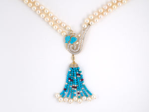 43332 - SOLD - Gold Pearl Diamond Ruby Turquoise Necklace