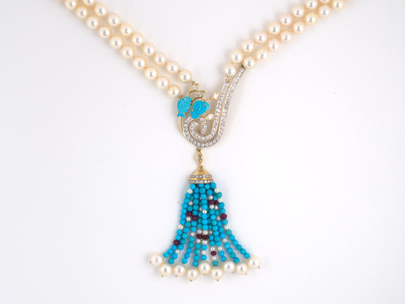 43332 - SOLD - Gold Pearl Diamond Ruby Turquoise Necklace