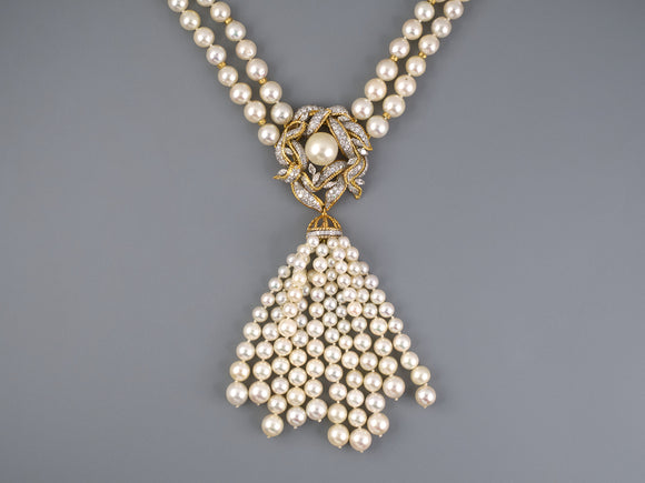 43656 - Circa 1960s Platinum Gold Diamond Graduated Akoya South Sea Pearl Rondel Tassels Necklace