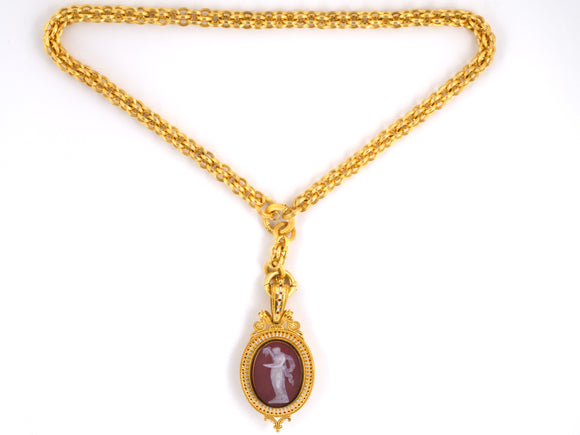 43978 - SOLD - Victorian Egyptian Revival Gold Enamel Carnelian Cameo Locket Pendant Drop Necklace