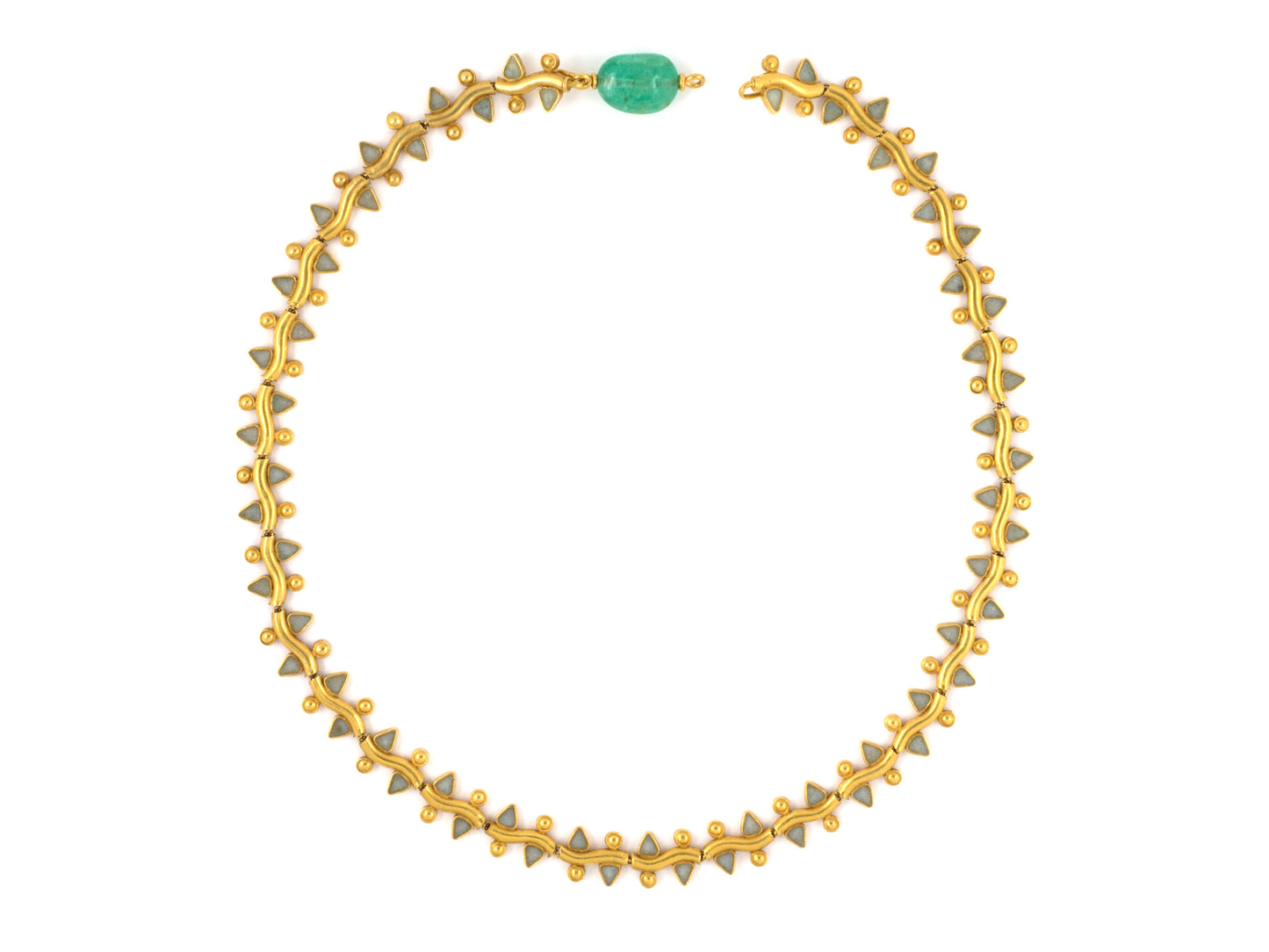 44930                - Victorian Gold Emerald Bead White Enamel Link Necklace