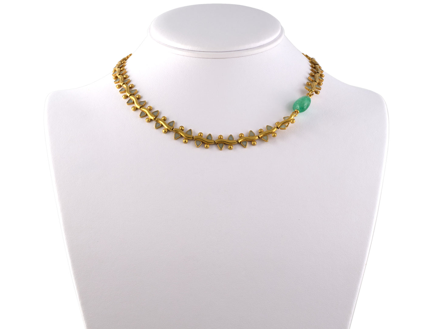 44930                - Victorian Gold Emerald Bead White Enamel Link Necklace