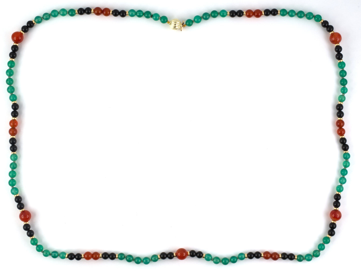 45120 - SOLD - Art Deco Gold Green & Black Onyx Carnelian Rondell Bead Necklace